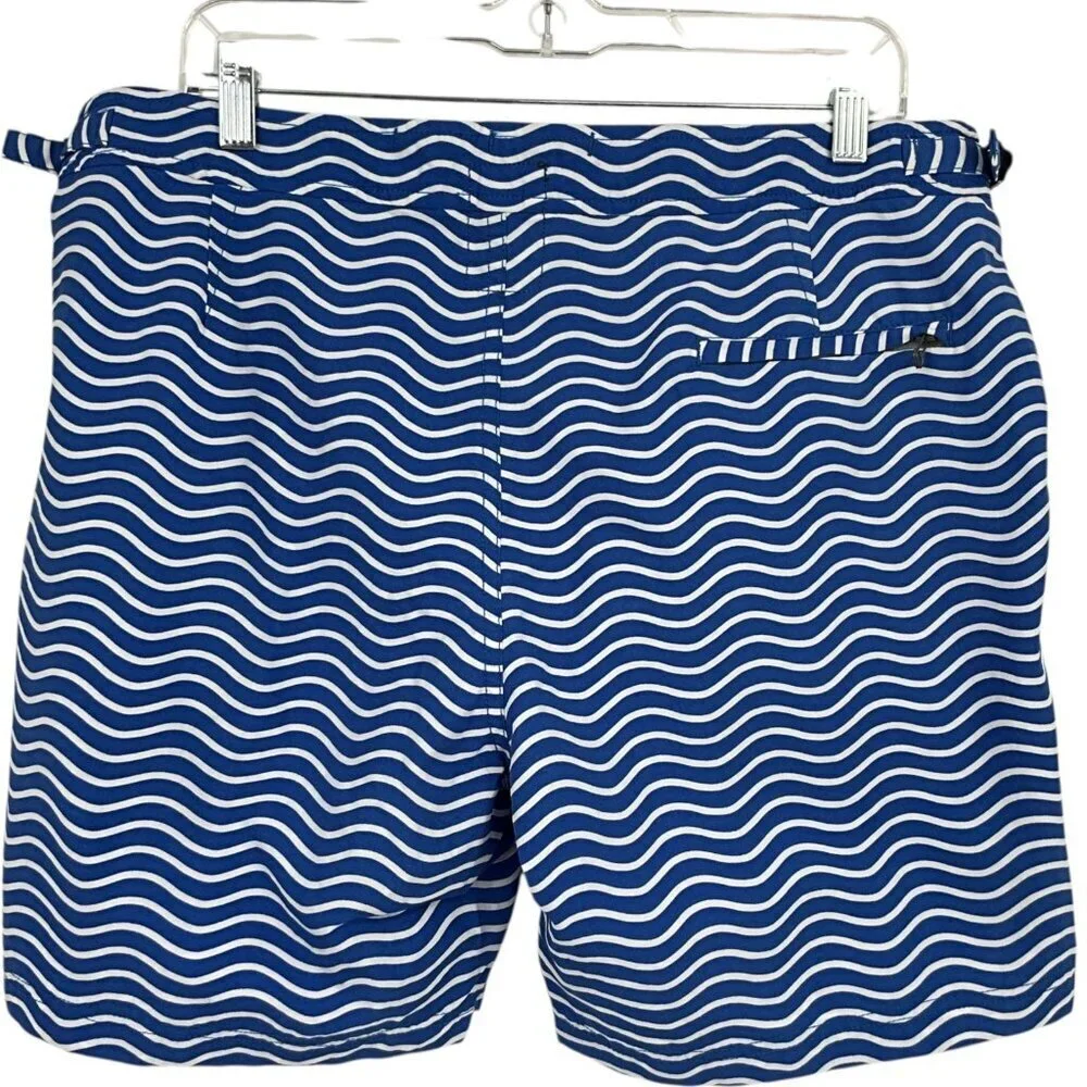 Relwen Swim Trunks Shorts Blue White Wave Size L Mesh Liner Adjustable Waist